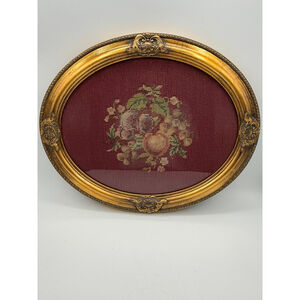 Vintage 1930s Needlepoint Fruit Still Life Oval Gold Frame Petit Point Wall Art